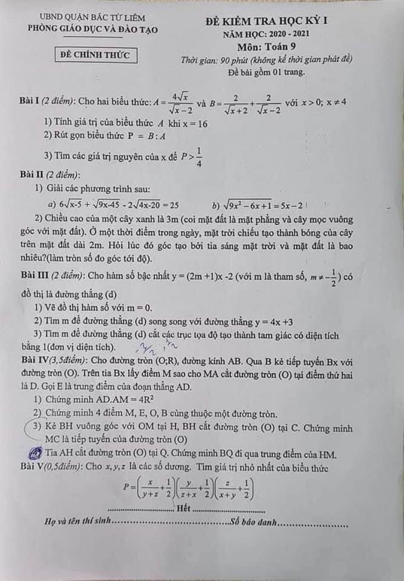 Đề kiểm tra học kì I môn Toán lớp 9 quận Bắc Từ Liêm, Hà Nội năm 2020