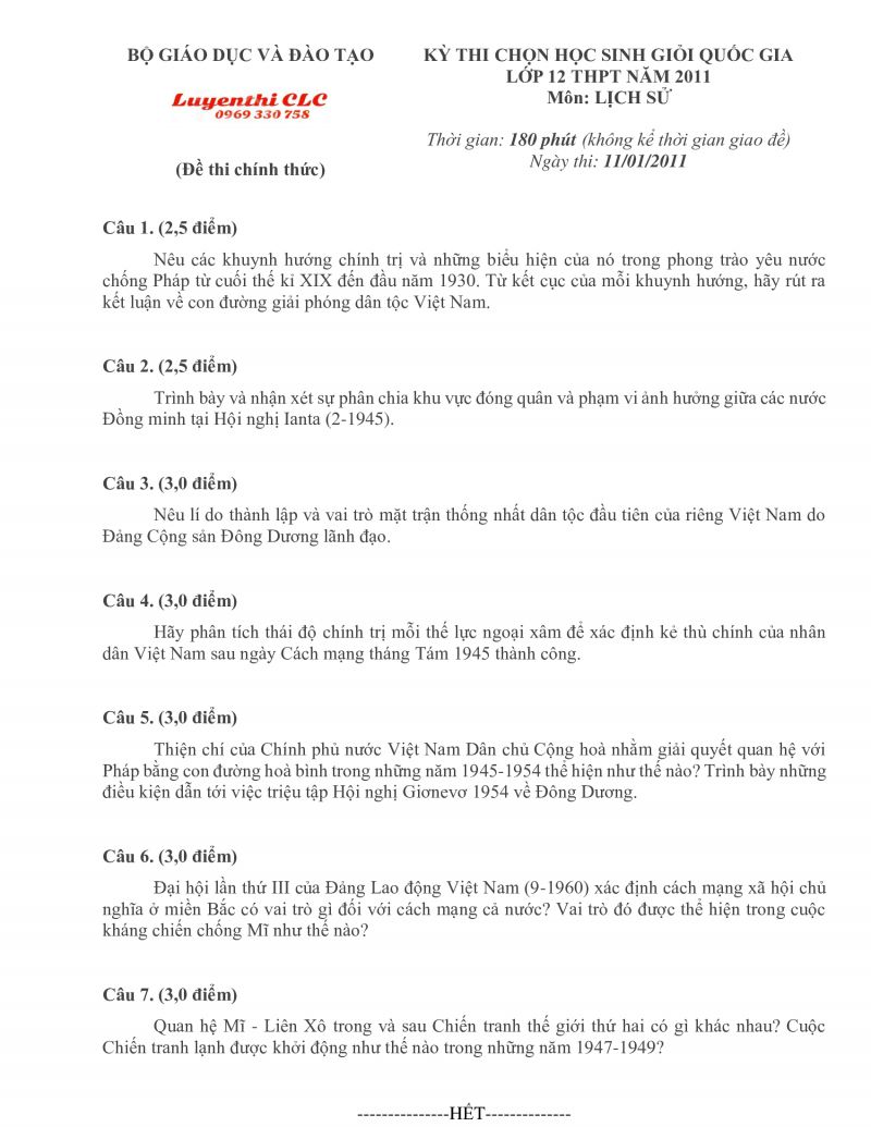 Đề thi chọn HSG Quốc Gia THPT môn Lịch Sử năm 2011