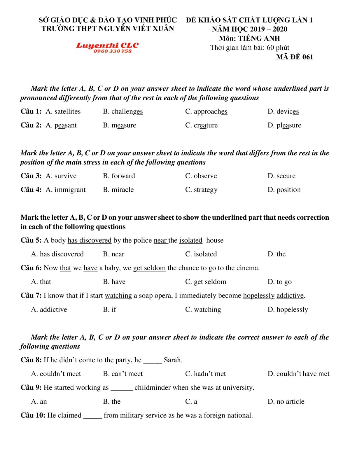 Đề khảo sát chất lượng lần 1 môn Tiếng Anh lớp 12 tỉnh Vĩnh Phúc năm 2020