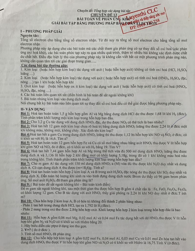 Chuyên đề: Bài toán về phản ứng khử. Giải bài tập bằng phương pháp bảo toàn electron