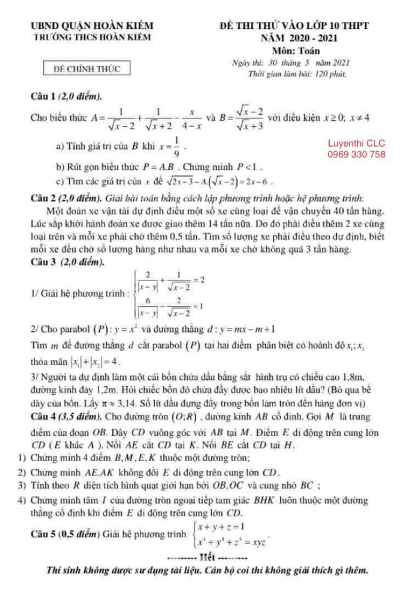 Đề thi thử vào lớp 10 THPT môn Toán Trường THCS Hoàn Kiếm, quận Hoàn Kiếm, Hà Nội năm 2021