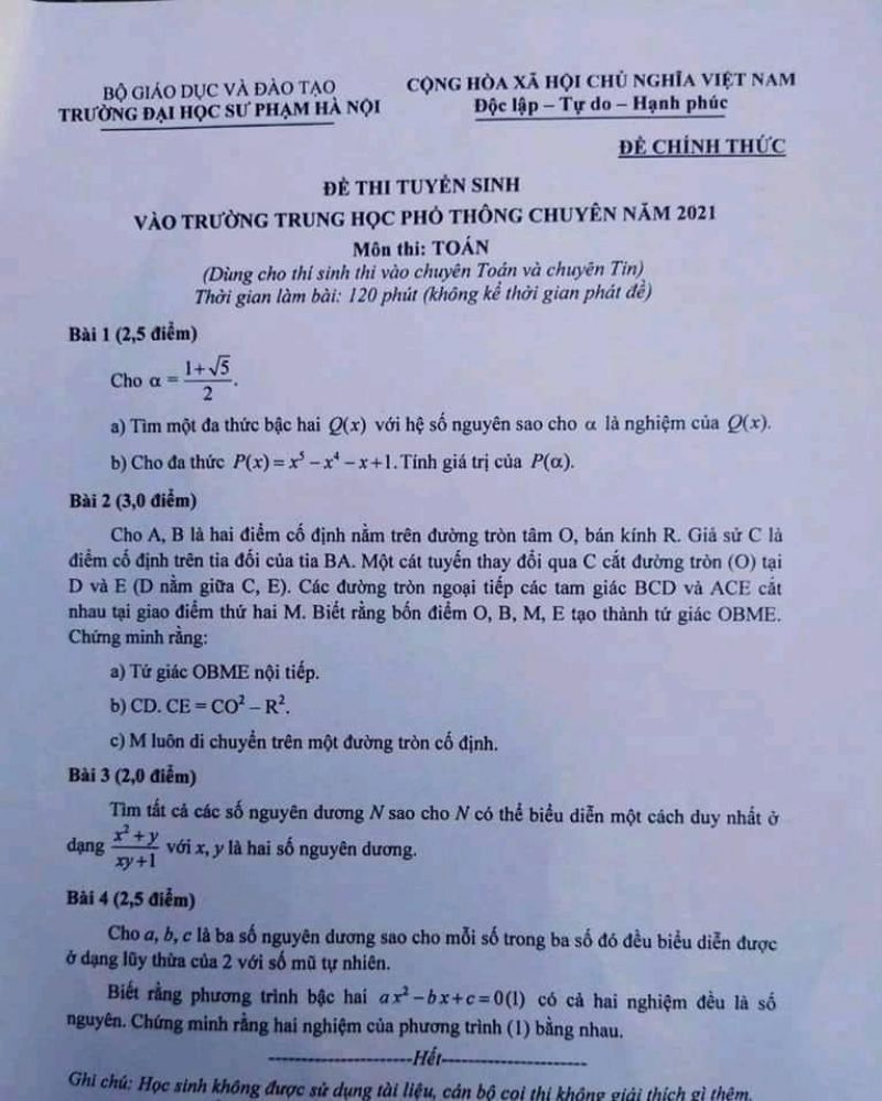 Đề thi tuyển sinh vào Trường THPT CHUYÊN môn Toán Trường Đại học Sư phạm Hà Nội năm 2021  ( Dùng cho thí sinh thi vào chuyên Toán và chuyên Tin )
