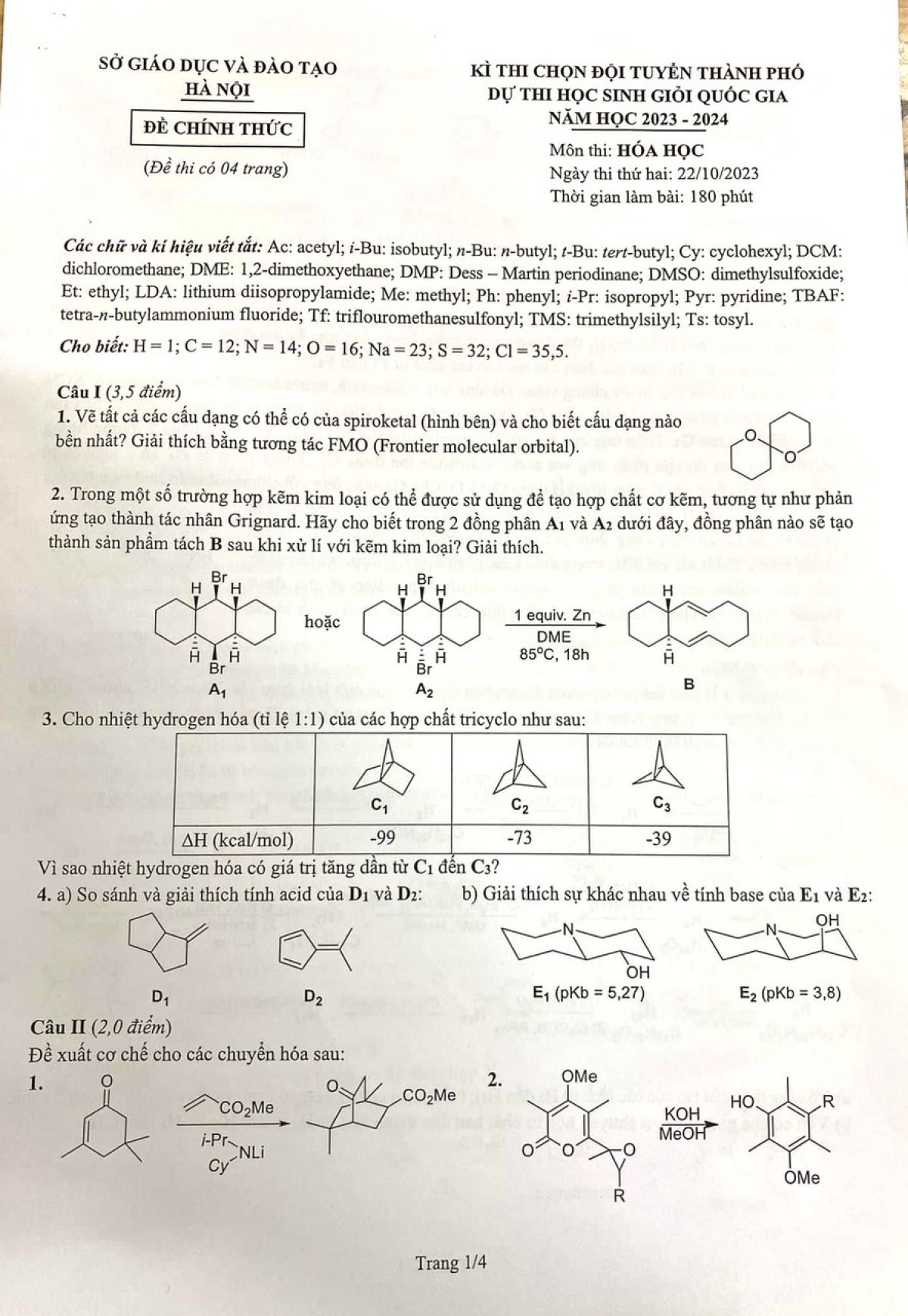 Đề thi chọn đội tuyển dự thi HSG Quốc Gia m&ocirc;n H&oacute;a Học tại H&agrave; Nội năm 2023