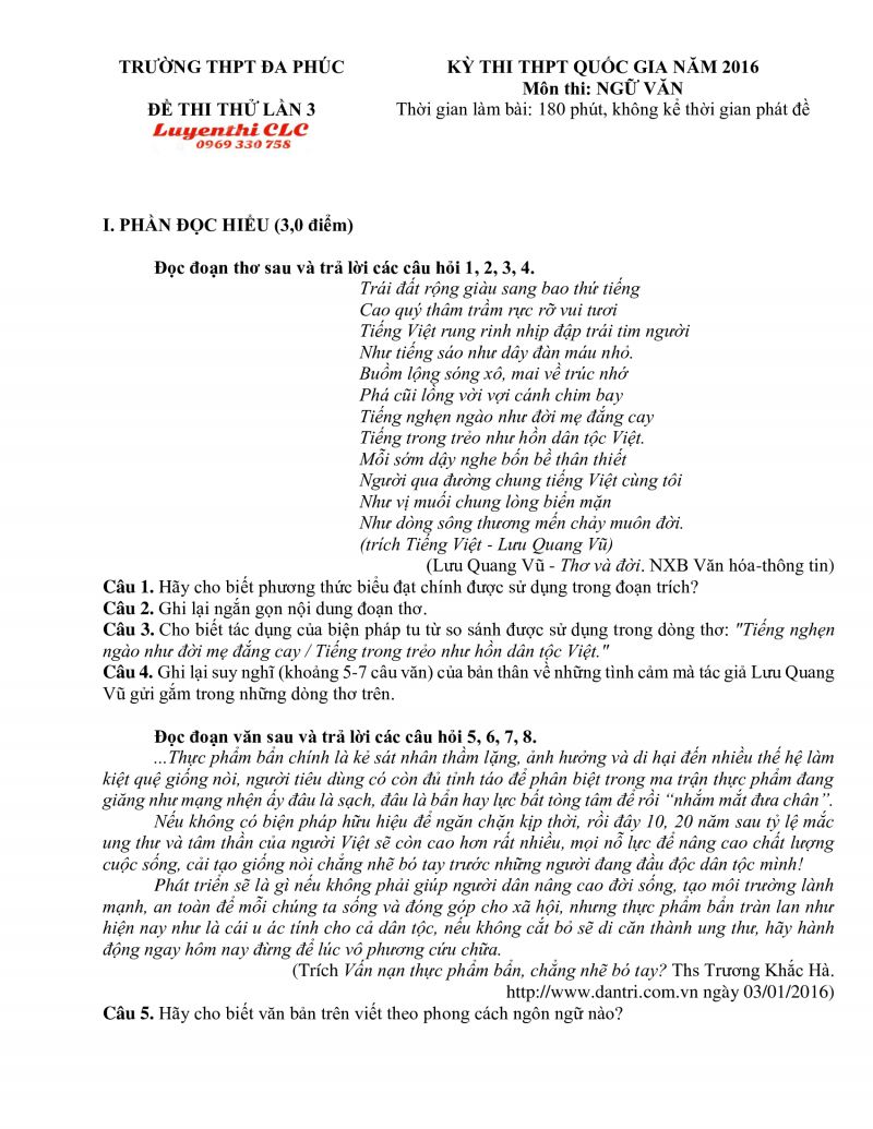 Đề thi thử THPT Quốc Gia lần 3 môn Ngữ Văn Trường THPT Đa Phúc, Hà Nội năm 2016
