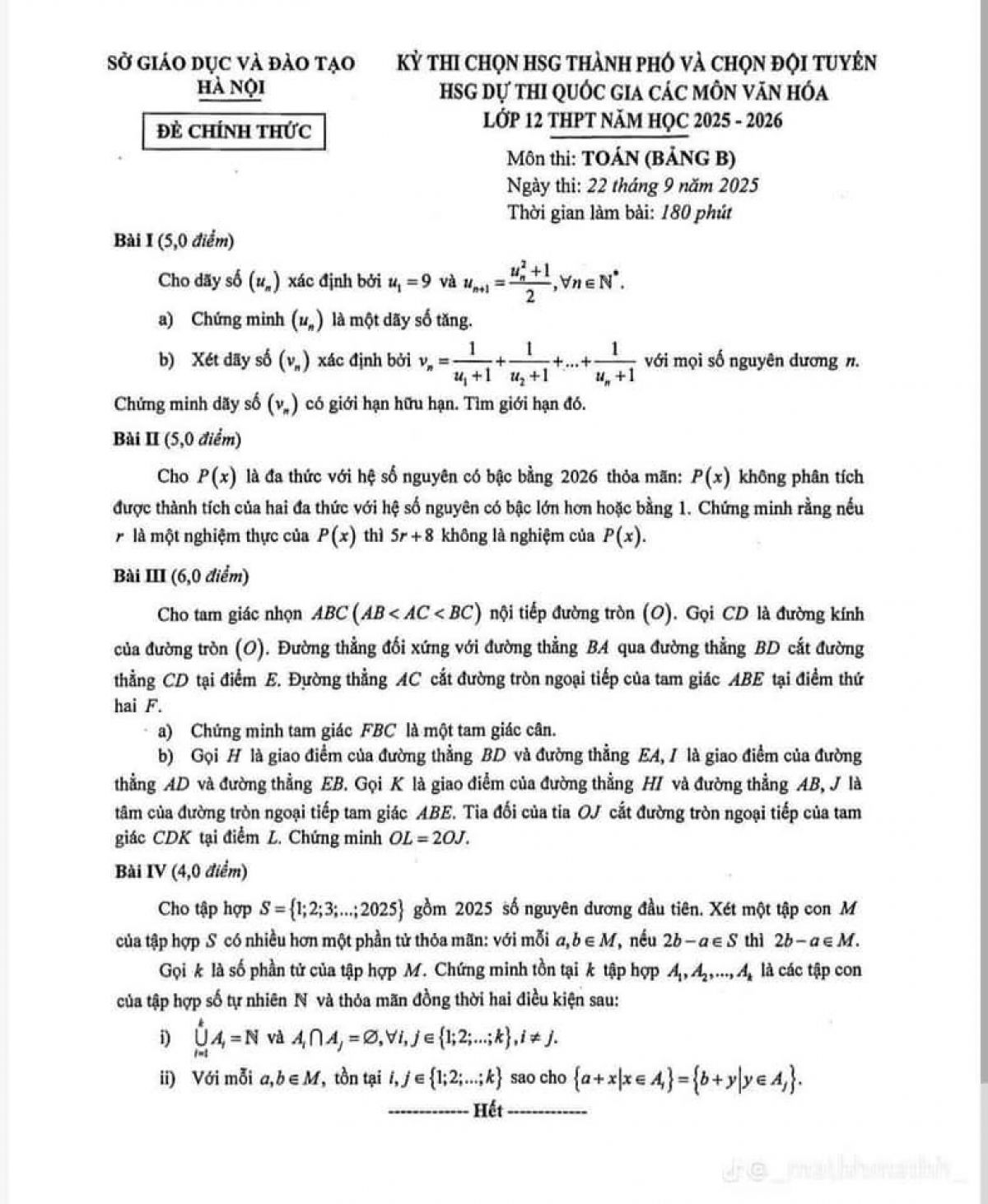 Đề chọn tuyển QG m To&aacute;n  năm 2025-2026 TP H&agrave; Nội