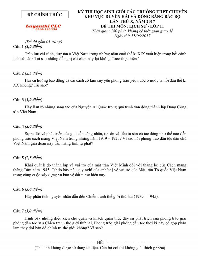 Đề thi HSG các trường THPT CHUYÊN khu vực Duyên hải ĐBBB lần thứ X môn Lịch Sử lớp 11 năm 2017