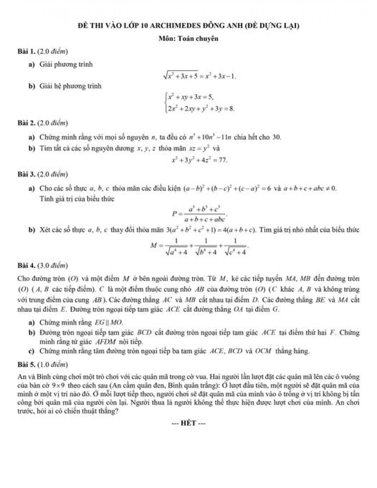 Đề thi tuyển sinh v&agrave;o lớp 10 Archimedes Đ&ocirc;ng Anh m&ocirc;n To&aacute;n chuy&ecirc;n