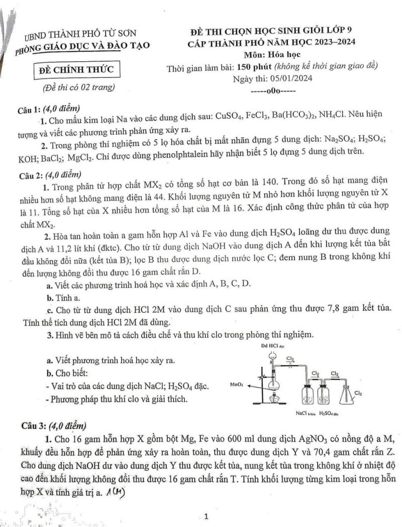 Đề thi chọn HSG môn Hóa Học lớp 9 tại thành phố Từ Sơn, tỉnh Bắc Ninh năm 2024