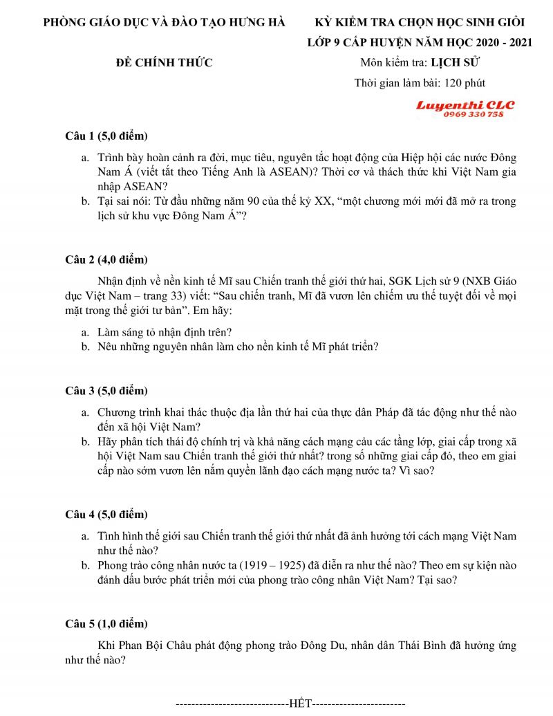 Đề thi chọn HSG môn Lịch Sử lớp 9 huyện Hưng Hà tỉnh Thái Bình năm 2020