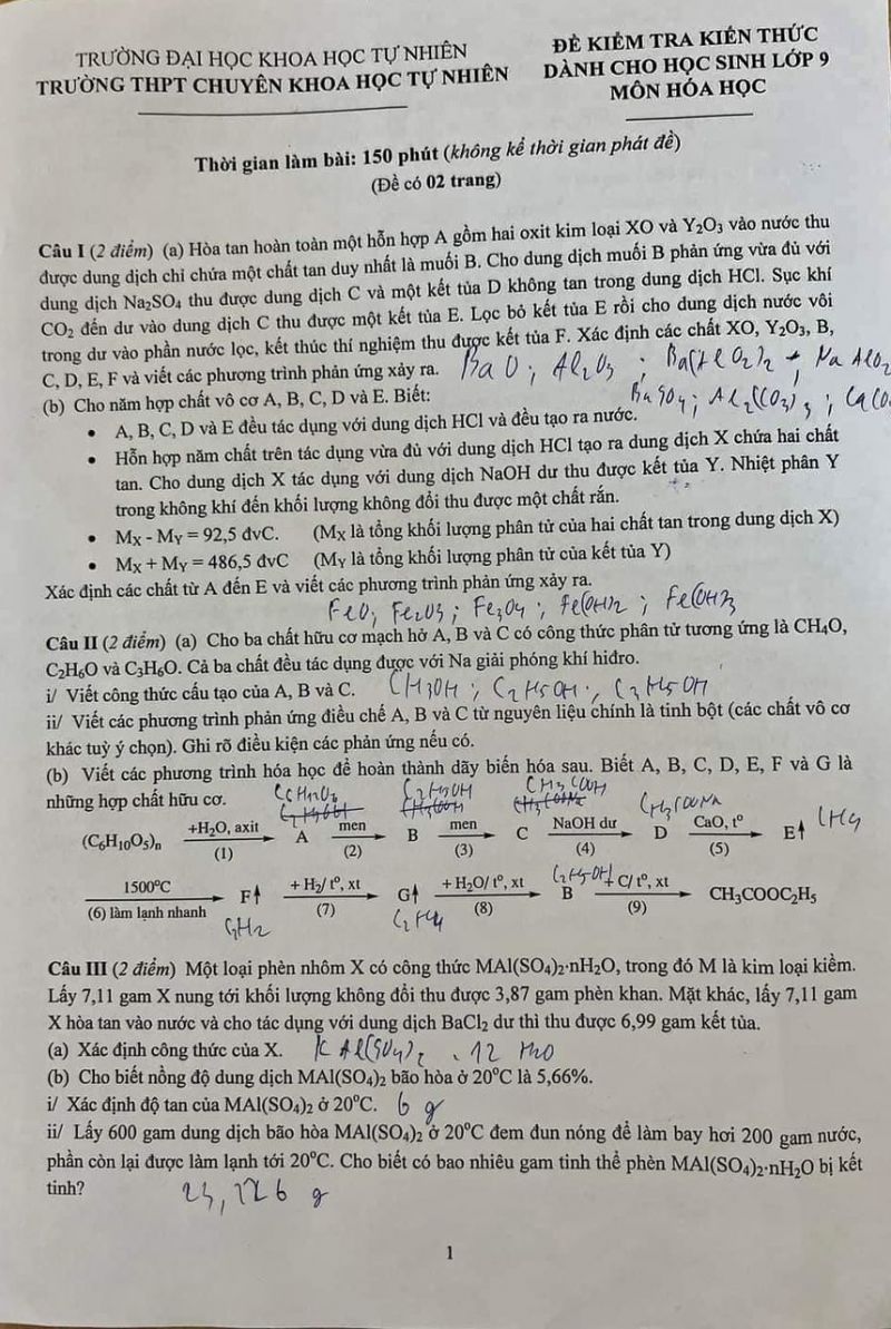 Đề kiểm tra kiến thức dành cho học sinh lớp  9 môn Hóa Học Trường THPT CHUYÊN KHTN năm 2023