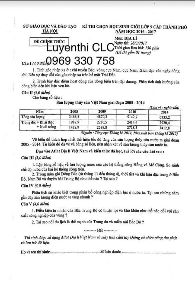 Đề thi chọn HSG lớp 9 cấp thành phố môn Địa Lí tại Hà Nội năm 2017