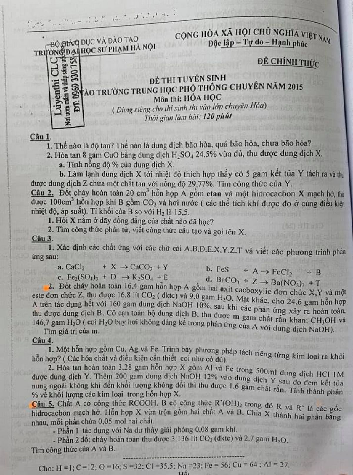 Đề thi tuyển sinh vào trường THPT CHUYÊN môn Hóa Học Trường Đại học Sư phạm Hà Nội năm 2015