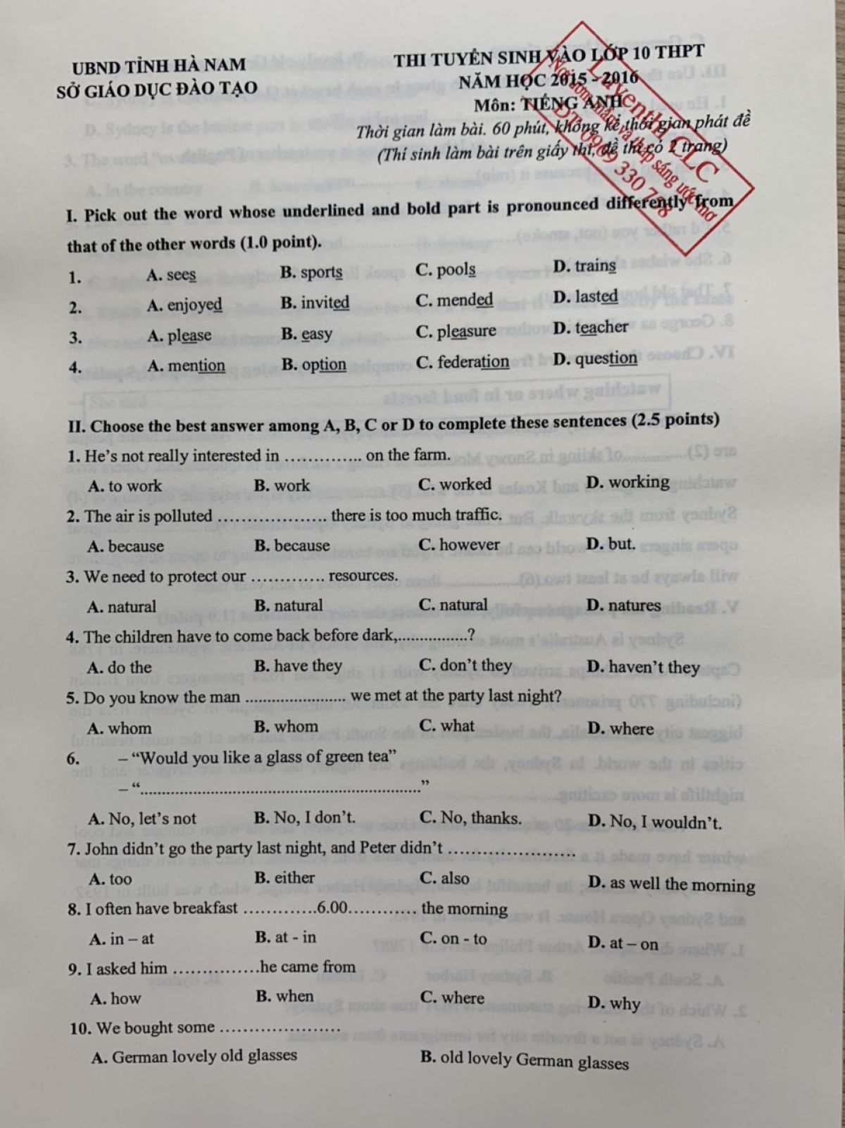 Đề thi tuyển sinh v&agrave;o lớp 10 THPT m&ocirc;n Tiếng Anh tỉnh H&agrave; Nam năm 2015