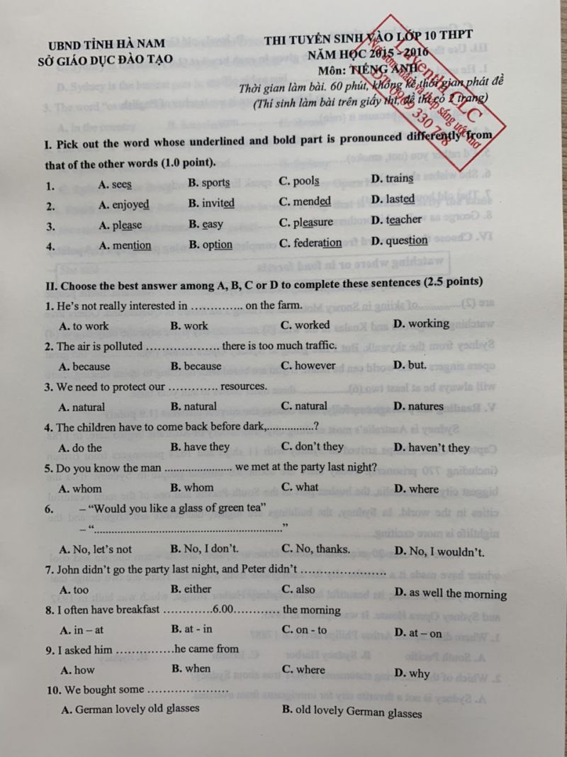 Đề thi tuyển sinh v&agrave;o lớp 10 THPT m&ocirc;n Tiếng Anh tỉnh H&agrave; Nam năm 2015