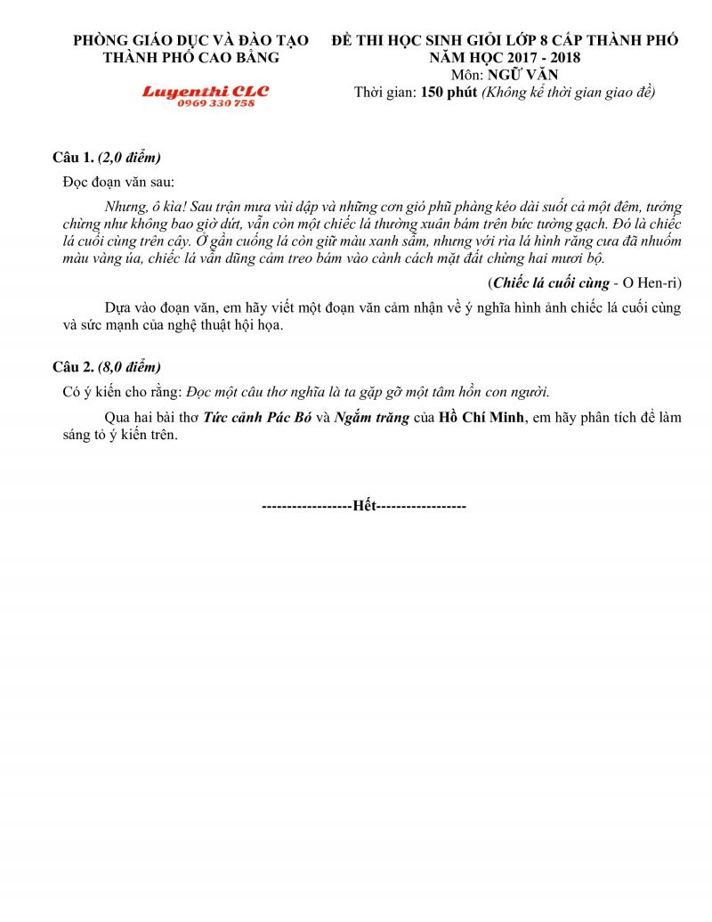 Đề thi HSG lớp 8 cấp thành phố môn Ngữ Văn tỉnh Cao Bằng năm 2017