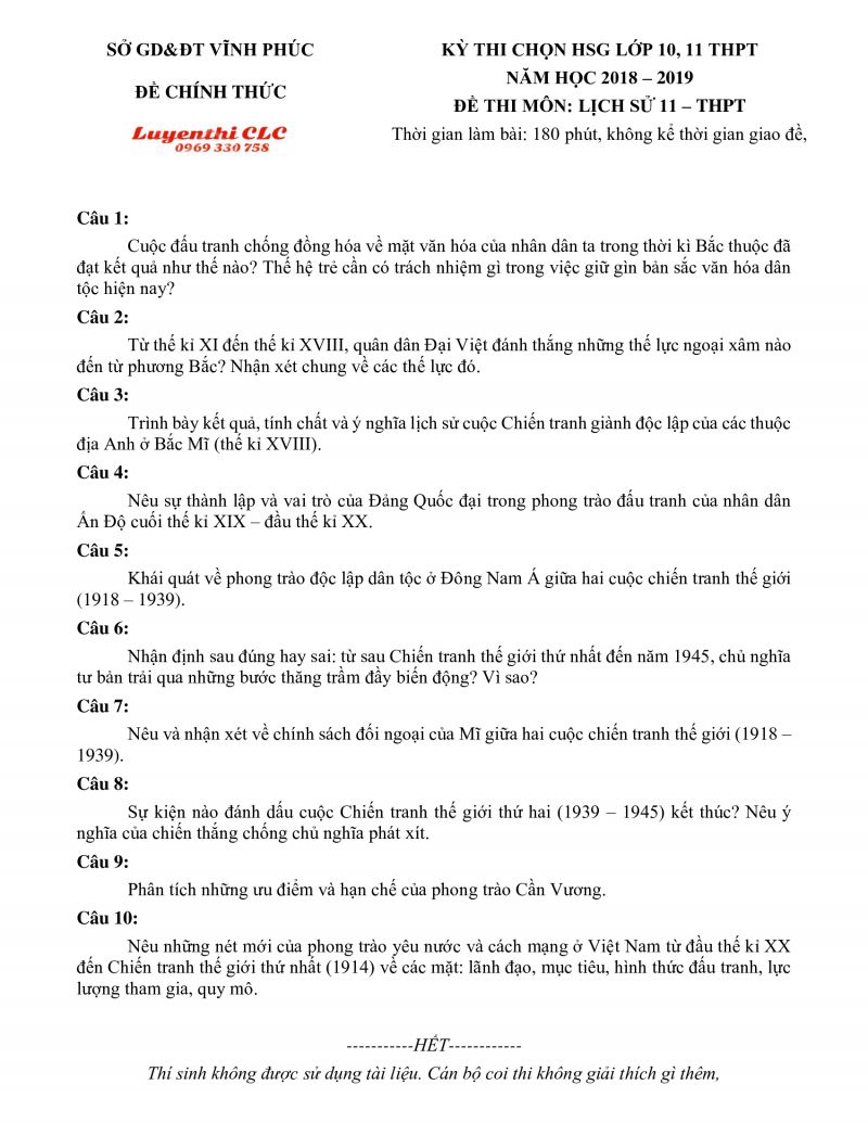 Đề thi chọn HSG môn Lịch Sử lớp 11 THPT tỉnh Vĩnh Phúc năm 2018