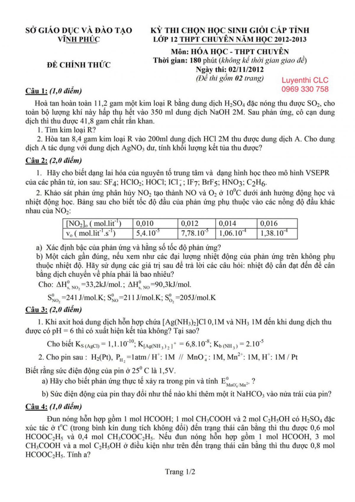 Đề thi chọn HSG v&agrave; đ&aacute;p &aacute;n m&ocirc;n H&oacute;a Học lớp 12 THPT CHUY&Ecirc;N tỉnh Vĩnh Ph&uacute;c năm 2012