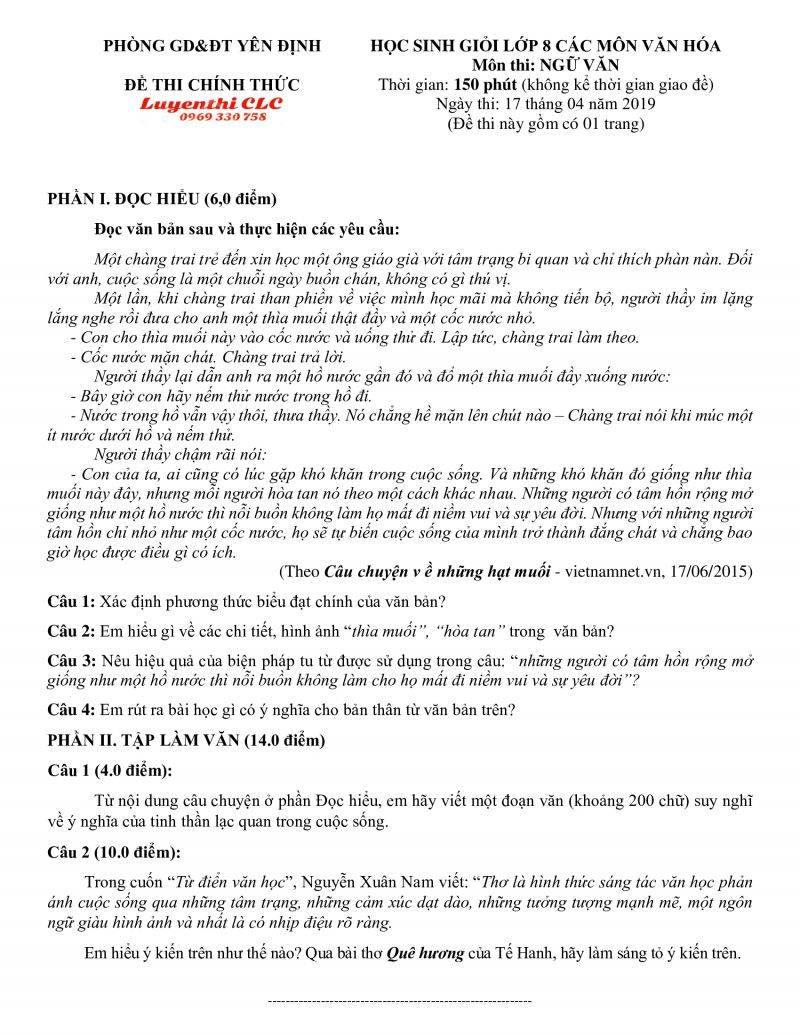 Đề thi HSG môn Ngữ Văn lớp 8 huyện Yên Định tỉnh Thanh Hóa năm 2019