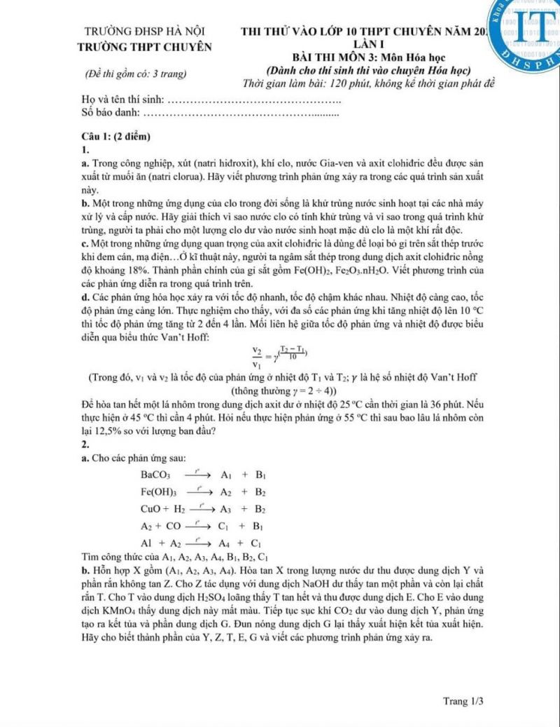 Đề thi thử v&agrave;o lớp 10 THPT CHUY&Ecirc;N m&ocirc;n H&oacute;a Học Trường THPT CHUY&Ecirc;N Đại học Sư phạm H&agrave; Nội năm 2023