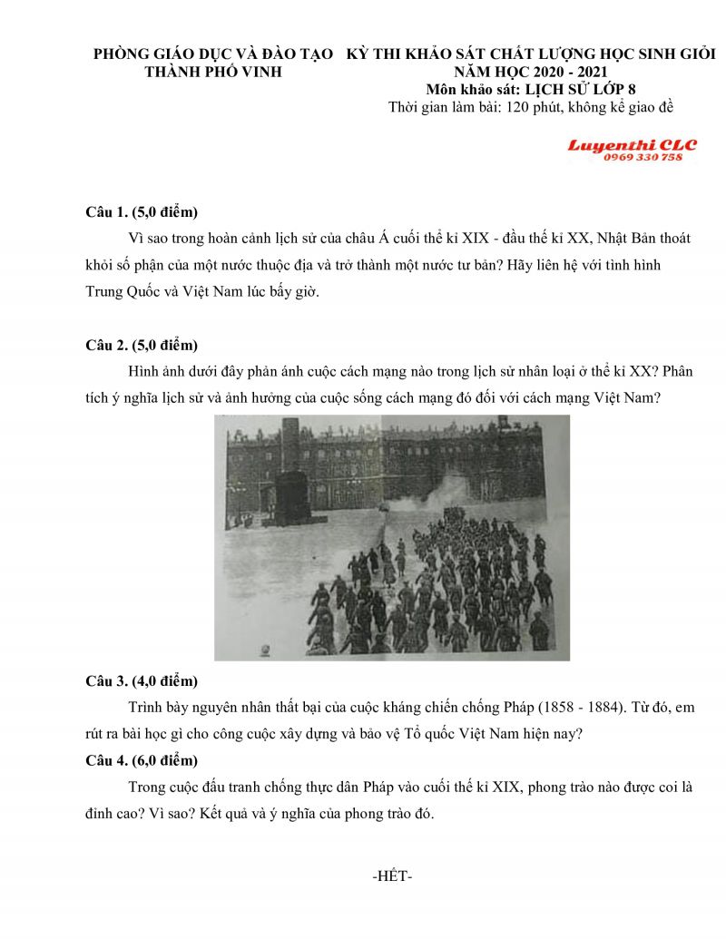 Đề thi khảo s&aacute;t chất lượng HSG m&ocirc;n Lịch Sử lớp 8 th&agrave;nh phố Vinh năm 2020