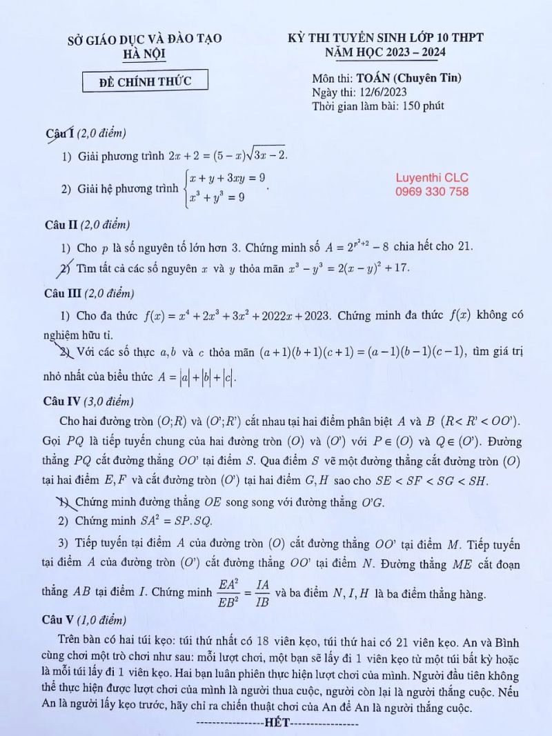 Đề thi tuyển sinh v&agrave;o lớp 10 THPT m&ocirc;n To&aacute;n (Chuy&ecirc;n Tin) tại H&agrave; Nội năm 2023