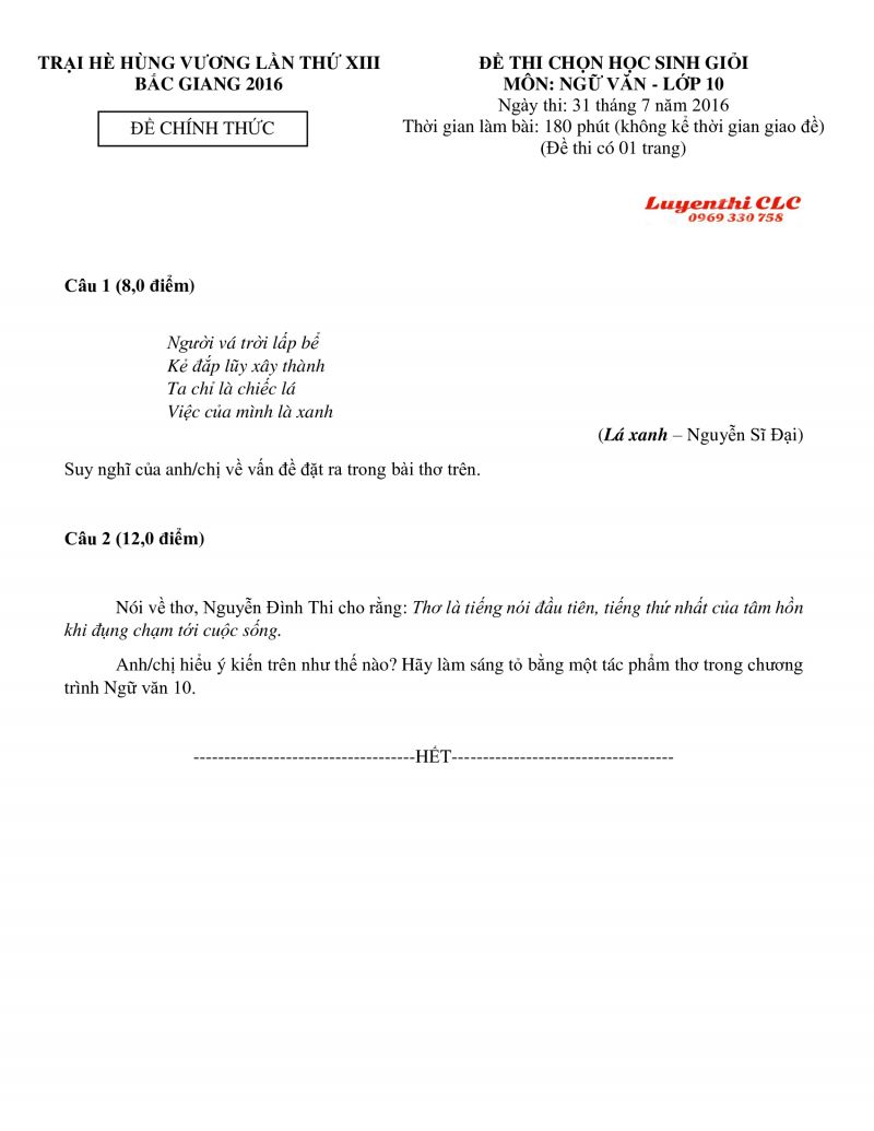 Đề thi chọn HSG môn Lịch Sử lớp 10 Trại hè Hùng Vương lần thứ XIII tỉnh Bắc Giang năm 2016