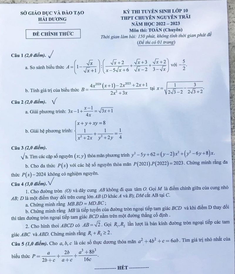 Đề thi tuyển sinh vào lớp 10 môn Toán Trường THPT CUYÊN Nguyễn Trãi tỉnh Hải Dương năm 2022