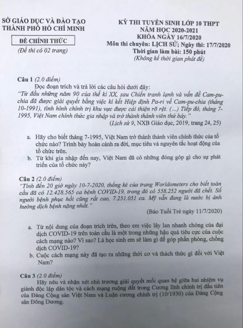 Đền thi tuyển sinh vào lớp 10 THPT CHUYÊN môn Lịch Sử Thành phố Hồ Chí Minh năm 2020