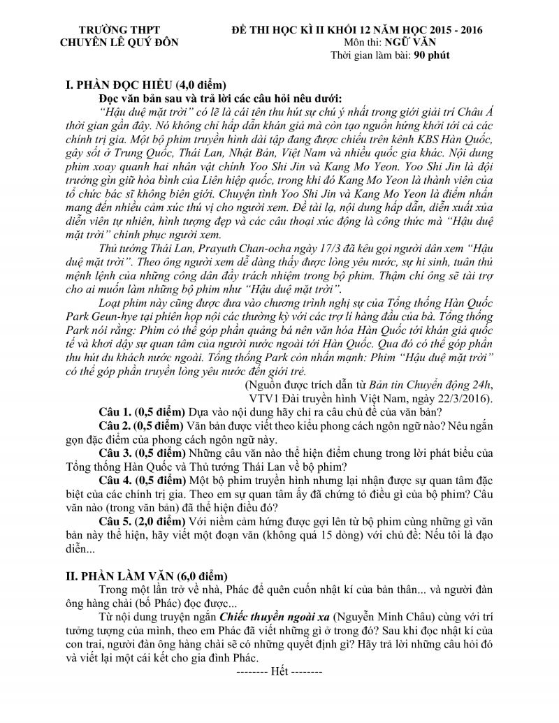 Đề thi học kì II môn Ngữ Văn khối 12 Trường THPT CHUYÊN Lê Qúy Đôn tỉnh Quảng Trị năm 2015