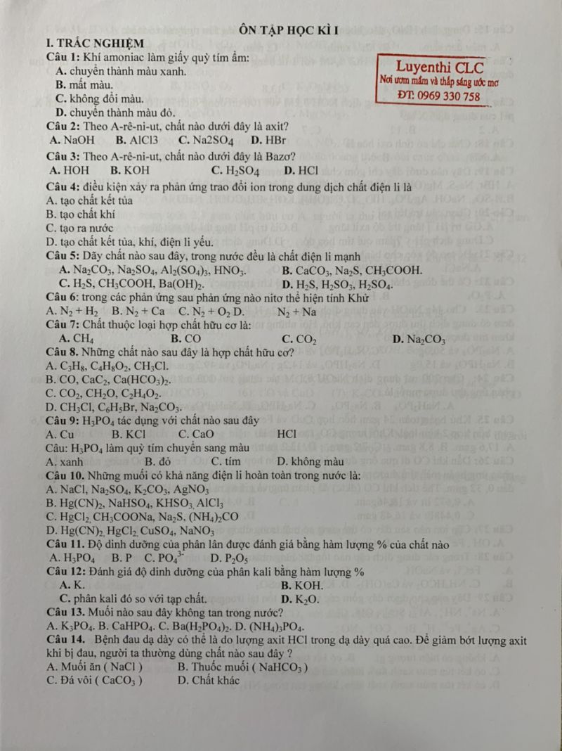 Ôn tập học kì I môn Hóa Học