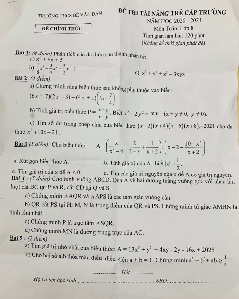 Đề thi t&agrave;i năng trẻ cấp trường m&ocirc;n To&aacute;n lớp 8 Trường THCS Bế Văn Đ&agrave;n năm 2020