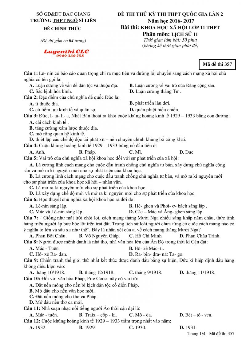 Đề thi thử THPT Quốc Gia lần 2 m&ocirc;n Khoa Học X&atilde; hội lớp 11 năm 2016