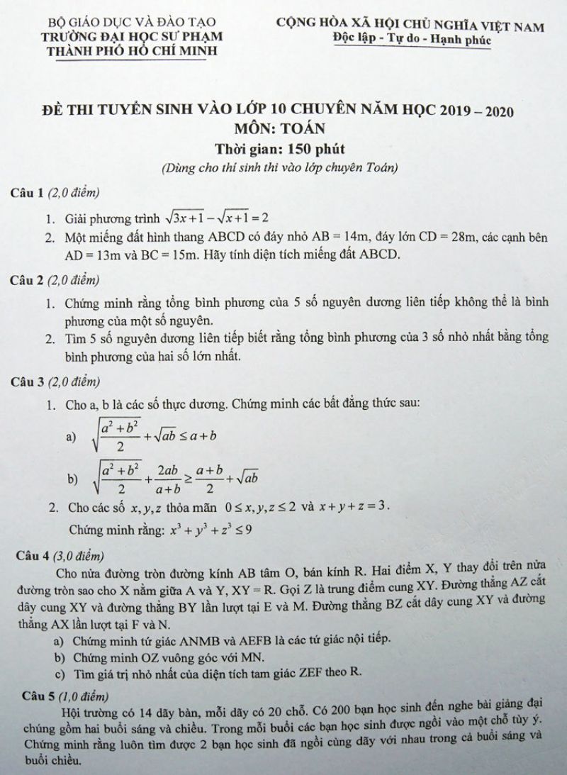 Đề thi tuyển sinh vào lớp 10 THPT CHUYÊN môn Toán Trường ĐHSP Thành phố Hồ Chí Minh năm 2019
