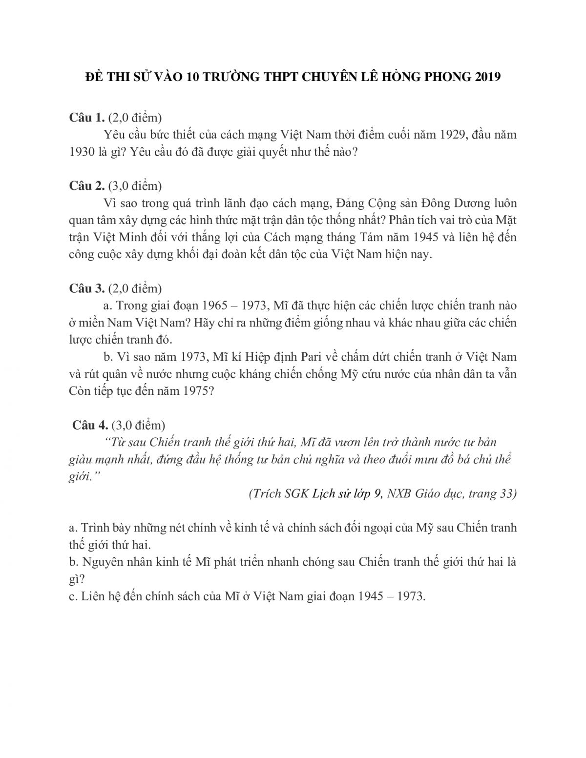 Đề thi tuyển sinh vào lớp 10 môn Lịch Sử Trường THPT CHUYÊN Lê Hồng Phong năm 2019