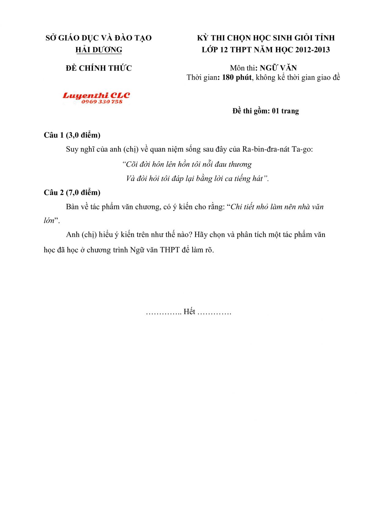 Đề thi chọn HSG cấp tỉnh THPT lớp 12 m&ocirc;n Ngữ Văn tỉnh Hải Dương năm 2012