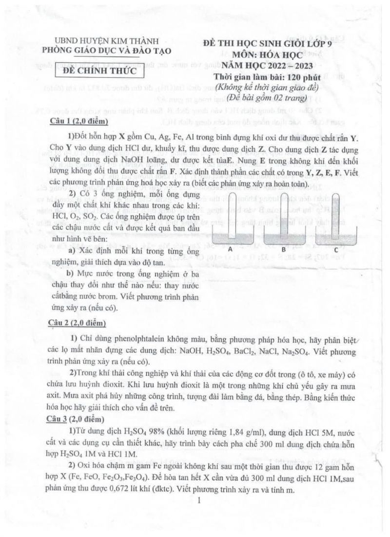 Đề thi chọn HSG m&ocirc;n H&oacute;a Học lớp 9 huyện Kim Th&agrave;nh, tỉnh Hải Dương năm 2022