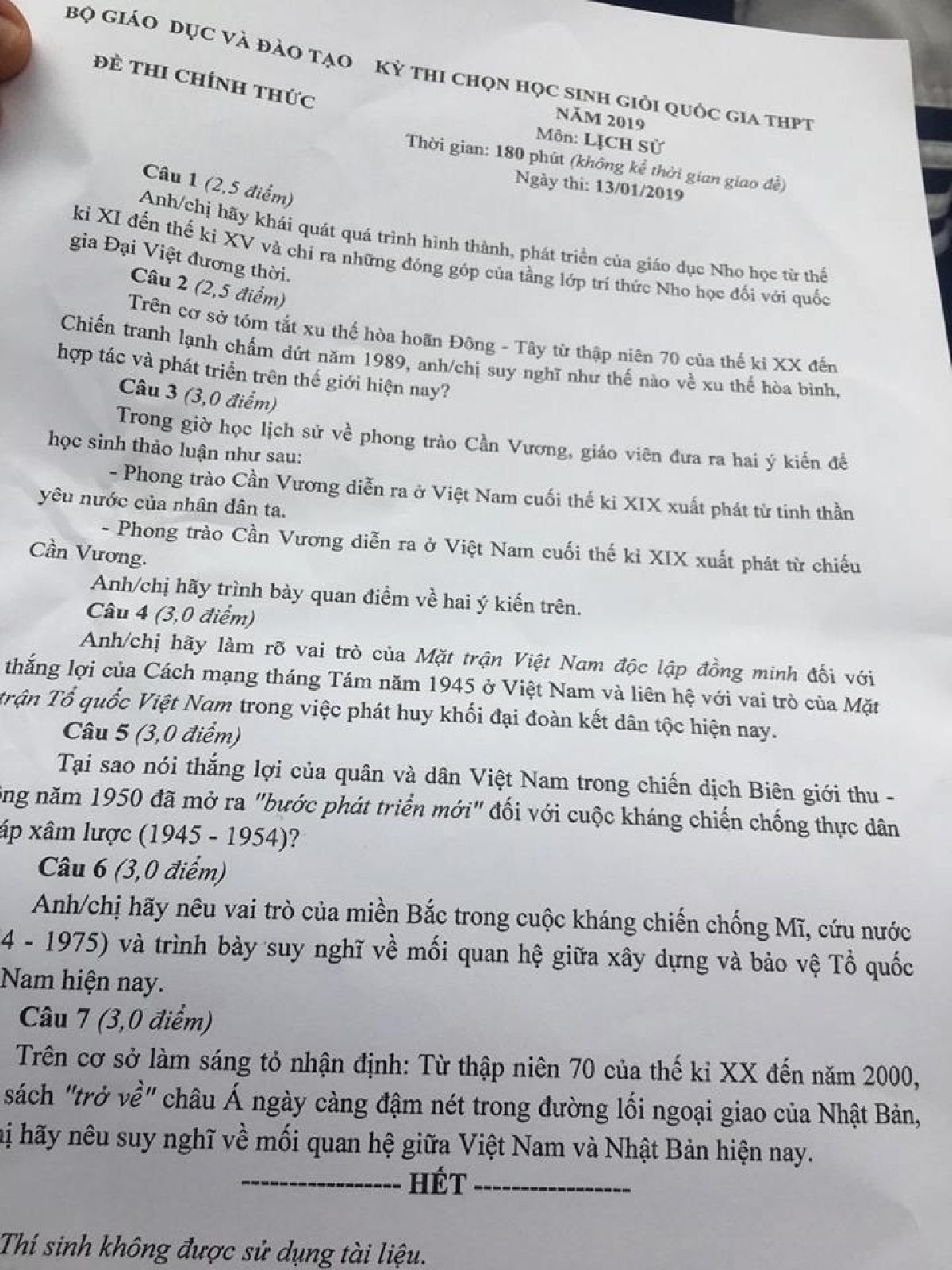 Đề thi chọn HSG Quốc Gia THPT môn Lịch Sử năm 2019