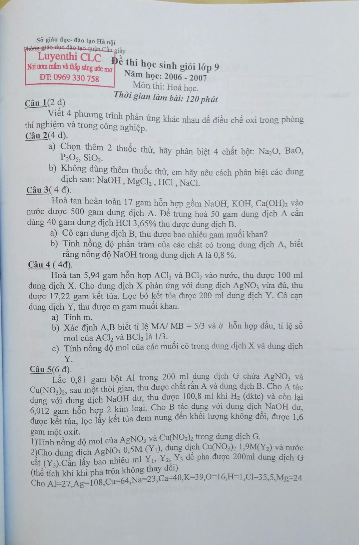 Đề thi HSG môn Hóa Học lớp 9 tại Hà Nội năm 2006