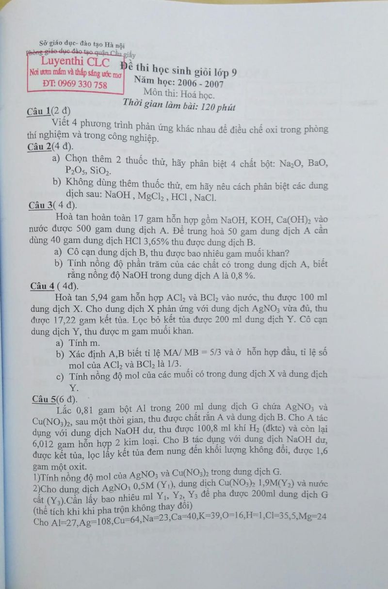 Đề thi HSG môn Hóa Học lớp 9 tại Hà Nội năm 2006
