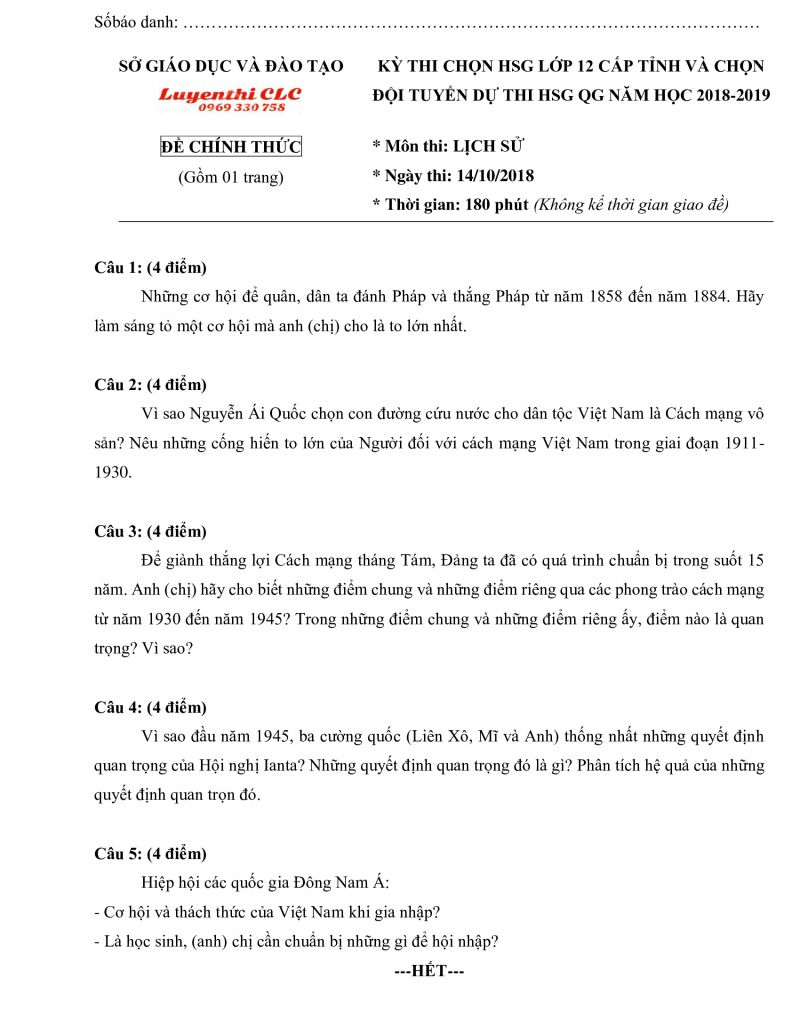 Đề thi chọn HSG cấp tỉnh lớp 12 m&ocirc;n Lịch Sử tỉnh Bạc Li&ecirc;u năm 2018