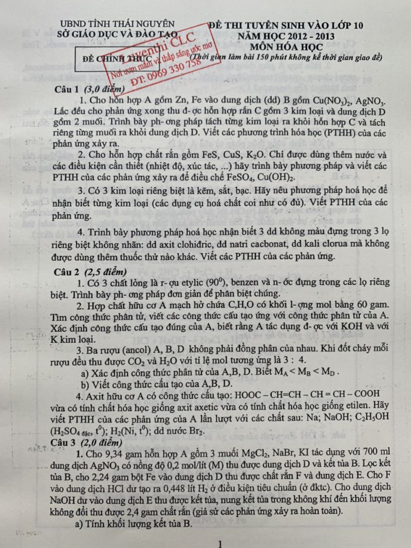 Đề thi tuyển sinh vào lớp 10 THPT CHUYÊN và đáp án môn Hóa Học tỉnh Thái Nguyên năm 2012