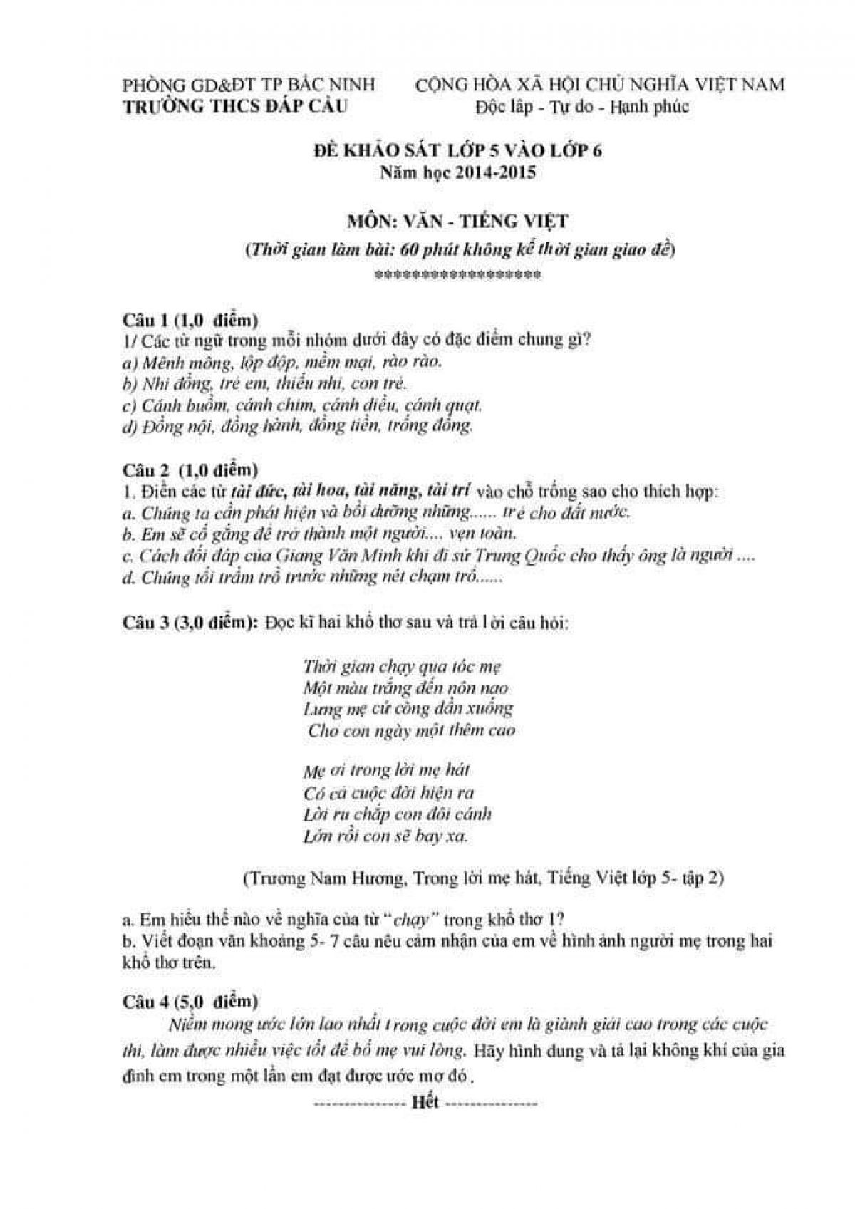 Đề khảo s&aacute;t lớp 5 v&agrave;o lớp 6 m&ocirc;n Văn - Tiếng Việt Trường THCS Đ&aacute;p Cầu tỉnh Bắc Ninh năm 2015