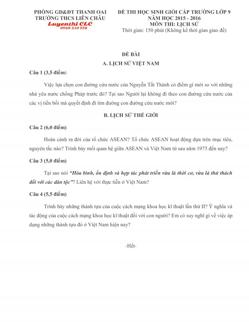 Đề thi HSG môn Lịch Sử lớp 9 Trường THCS Liên Châu huyện Thanh Oai, Hà Nội năm 2015