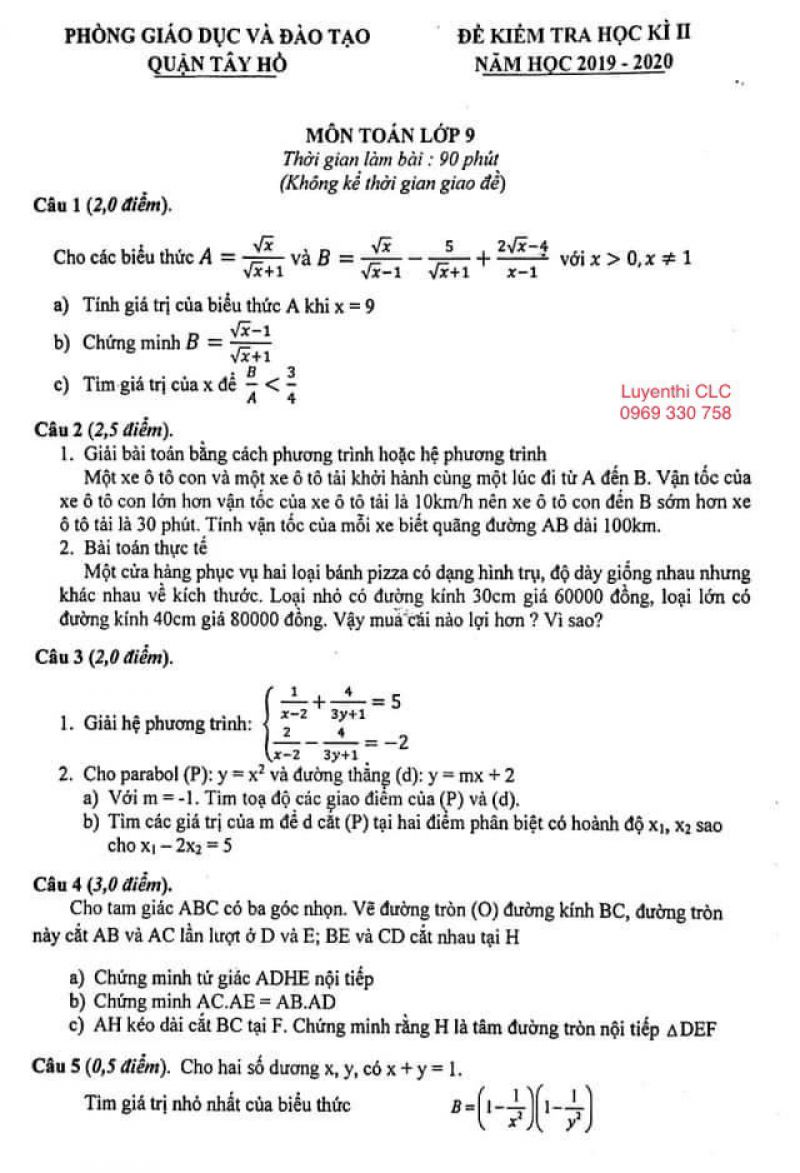 Đề kiểm tra học kì II môn Toán lớp 9 quận Tây Hồ, Hà Nội năm 2019
