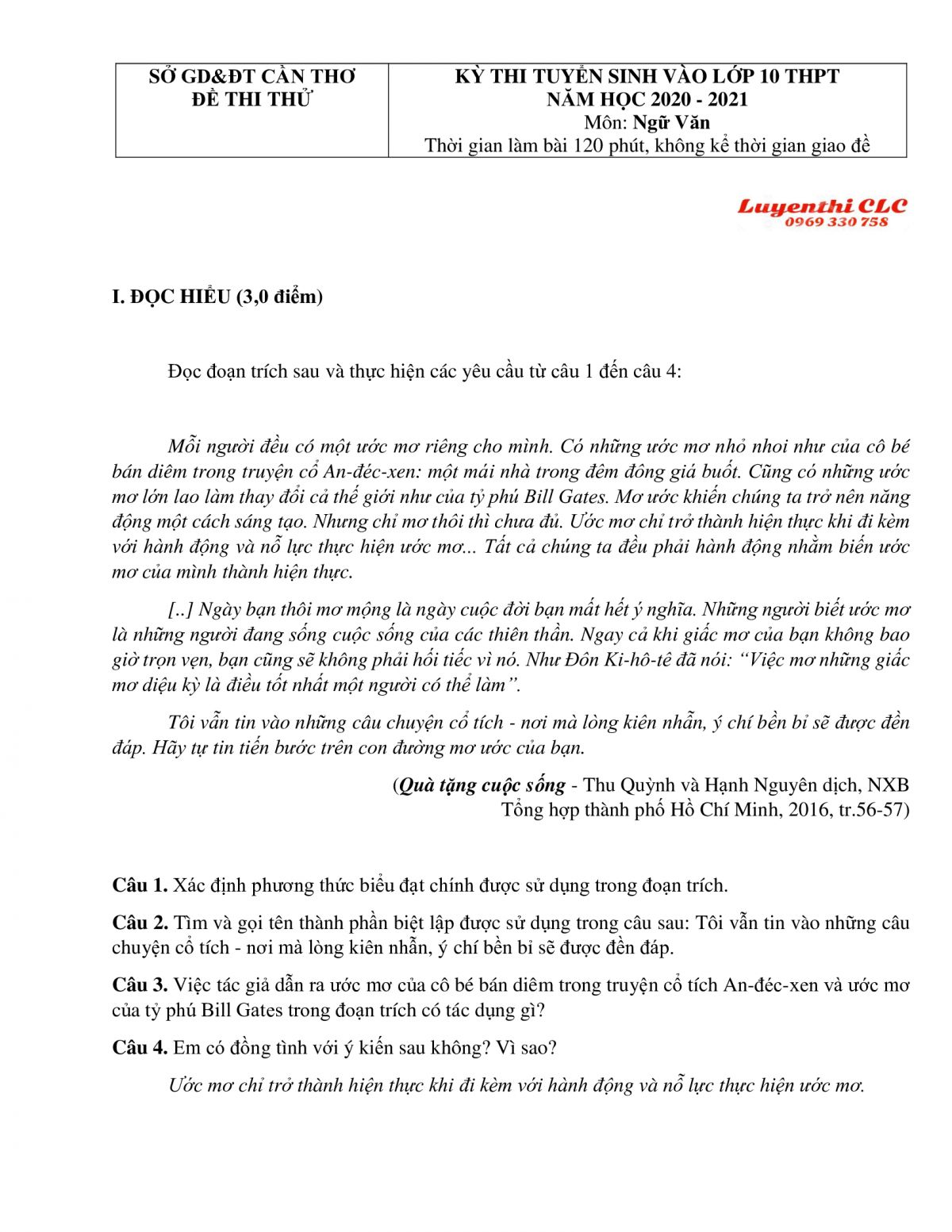 Đề thi thử tuyển sinh vào lớp 10 THPT môn Ngữ Văn tại Cần Thơ năm 2020