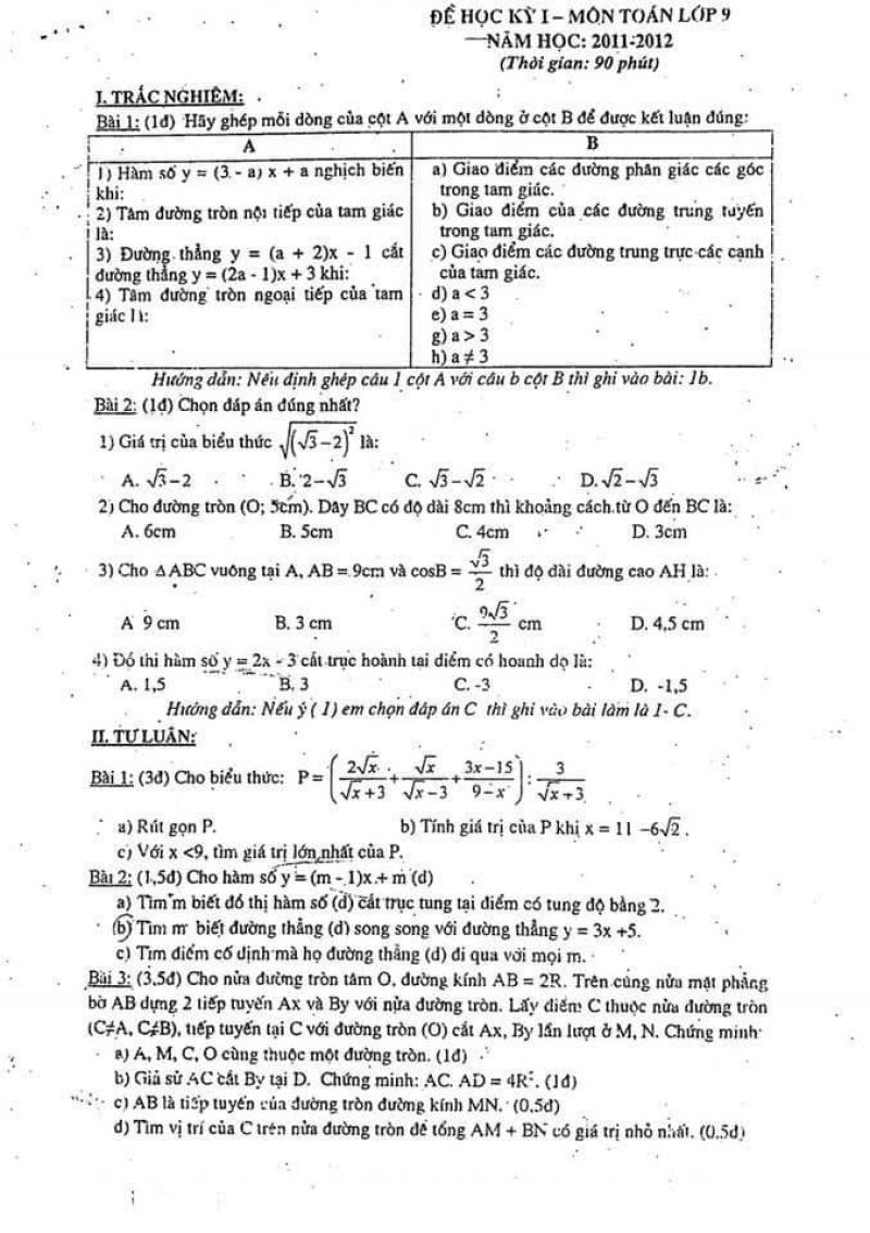 Đề kiểm tra học kì I môn Toán 9 năm 2011