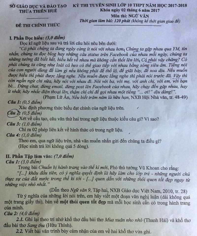 Đề thi tuyển sinh vào lớp 10 THPT môn Ngữ Văn tại Huế năm 2018