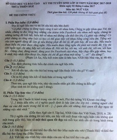 Đề thi tuyển sinh vào lớp 10 THPT môn Ngữ Văn tại Huế năm 2018