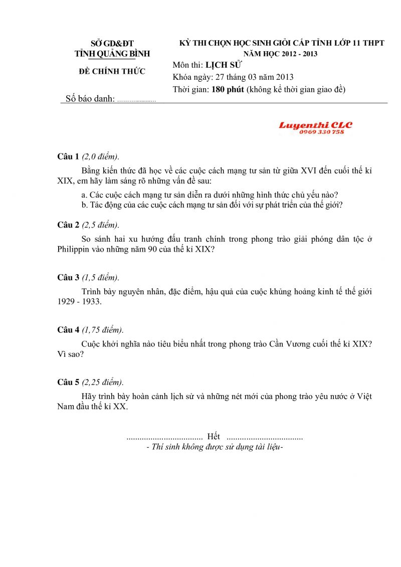 Đề thi HSG lớp 11 THPT môn Lịch Sử tỉnh Quảng Bình năm 2013