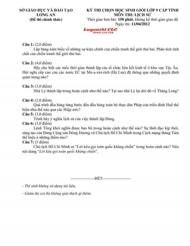 Đề thi chọn HSG cấp tỉnh m&ocirc;n Lịch Sử lớp 9 tỉnh Long An năm 2012